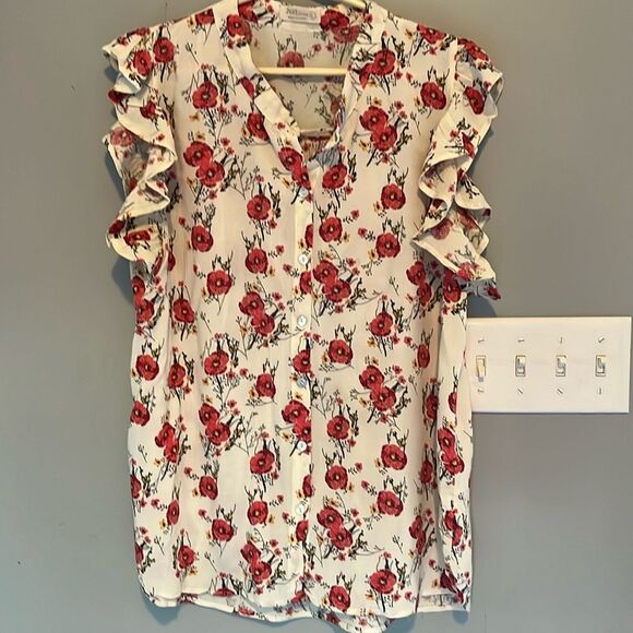 Floral Rayon Lightweight Button Down Summer Top with Poppies Size Large - Picture 1 of 12